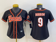 Wholesale Cheap Women's Cincinnati Bengals #9 Joe Burrow Black With Patch Cool Base Stitched Baseball Jersey