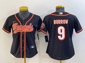 Wholesale Cheap Women\'s Cincinnati Bengals #9 Joe Burrow Black With Patch Cool Base Stitched Baseball Jersey