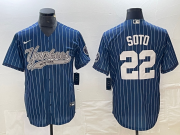 Cheap Men's New York Yankees #22 Juan Soto Blue Pinstripe Cool Base Stitched Baseball Jersey
