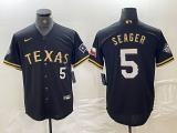 Cheap Men's Texas Rangers #5 Corey Seager Number Black Gold Cool Base Stitched Baseball Jersey