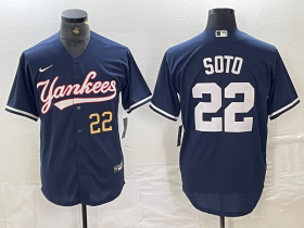 Cheap Men\'s New York Yankees #22 Juan Soto Number Navy Cool Base Stitched Baseball Jerse