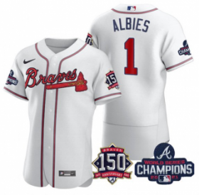 Wholesale Cheap Men\'s White Atlanta Braves #1 Ozzie Albies 2021 World Series Champions With 150th Anniversary Flex Base Stitched Jersey