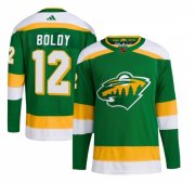 Cheap Men's Minnesota Wild #12 Matt Boldy Green 2022-23 Reverse Retro Stitched Jersey