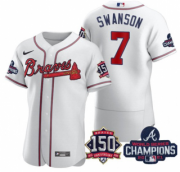 Wholesale Cheap Men's White Atlanta Braves #7 Dansby Swanson 2021 World Series Champions With 150th Anniversary Flex Base Stitched Jersey