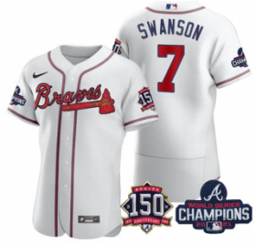 Wholesale Cheap Men\'s White Atlanta Braves #7 Dansby Swanson 2021 World Series Champions With 150th Anniversary Flex Base Stitched Jersey