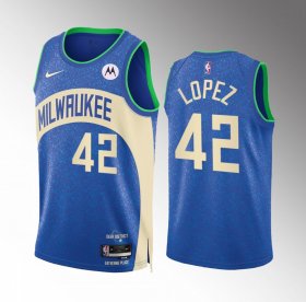 Men\'s Milwaukee Bucks #42 Robin Lopez Blue 2023-24 City Edition Stitched Basketball Jersey