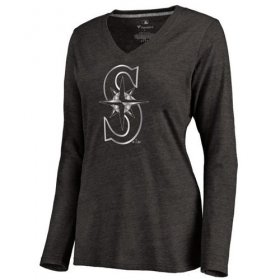 Wholesale Cheap Women\'s Seattle Mariners Platinum Collection Long Sleeve V-Neck Tri-Blend T-Shirt Black