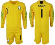 Wholesale Cheap Brazil #1 Alisson Yellow Goalkeeper Long Sleeves Soccer Country Jersey