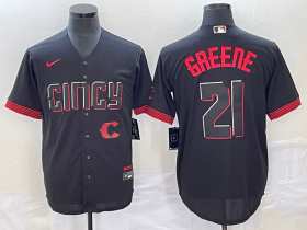 Wholesale Cheap Men\'s Cincinnati Reds #21 Hunter Greene Black 2023 City Connect Cool Base Stitched Jersey