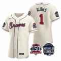 Wholesale Cheap Men Atlanta Braves 1 Ozzie Albies 2021 Cream World Series With 150th Anniversary Patch Stitched Baseball Jersey