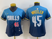 Cheap Women's Philadelphia Phillies #45 Zack Wheeler Blue 2024 City Player Number Cool Base Stitched Jerseys