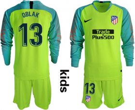 Wholesale Cheap Atletico Madrid #13 Oblak Shiny Green Goalkeeper Long Sleeves Kid Soccer Club Jersey