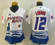 Cheap Women's Puerto Rico Baseball #12 Francisco Lindor 2023 White World Classic Stitched Jerseys