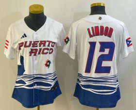 Cheap Women\'s Puerto Rico Baseball #12 Francisco Lindor 2023 White World Classic Stitched Jerseys