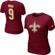 Wholesale Cheap Women's Nike New Orleans Saints #9 Drew Brees Name & Number T-Shirt Red