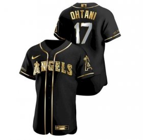 Wholesale Cheap Men\'s Los Angeles Angels #17 Shohei Ohtani Black Gold Stitched MLB Flex Base Nike Jersey