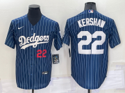 Wholesale Cheap Men's Los Angeles Dodgers #22 Clayton Kershaw Number Red Navy Blue Pinstripe Stitched MLB Cool Base Nike Jersey