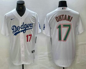 Cheap Men\'s Los Angeles Dodgers #17 Shohei Ohtani Number White Green Stitched Cool Base Nike Jersey