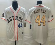 Cheap Mens Houston Astros #44 Yordan Alvarez Number 2023 White Gold World Serise Champions Patch Cool Base Stitched Jersey