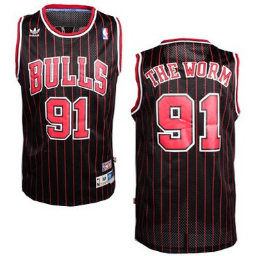 Wholesale Cheap Chicago Bulls #91 The Worm Nickname Black Pinstripe Swingman Throwback Jersey