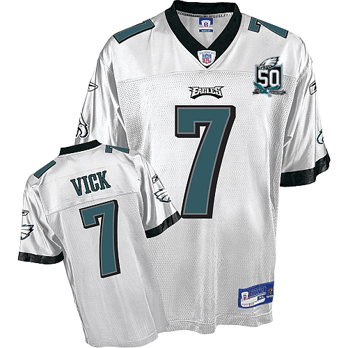 Wholesale Cheap Eagles Michael Vick #7 White Stitched Team 50TH Anniversary Patch NFL Jersey